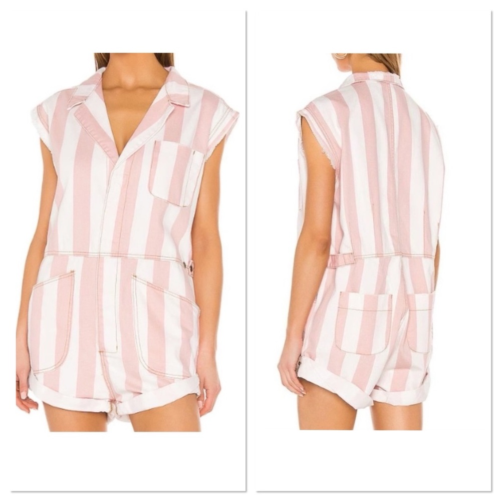 ONE TEASPOON Safari Camp Overalls Short Candy Stripe Pink & White Oversized Sz S